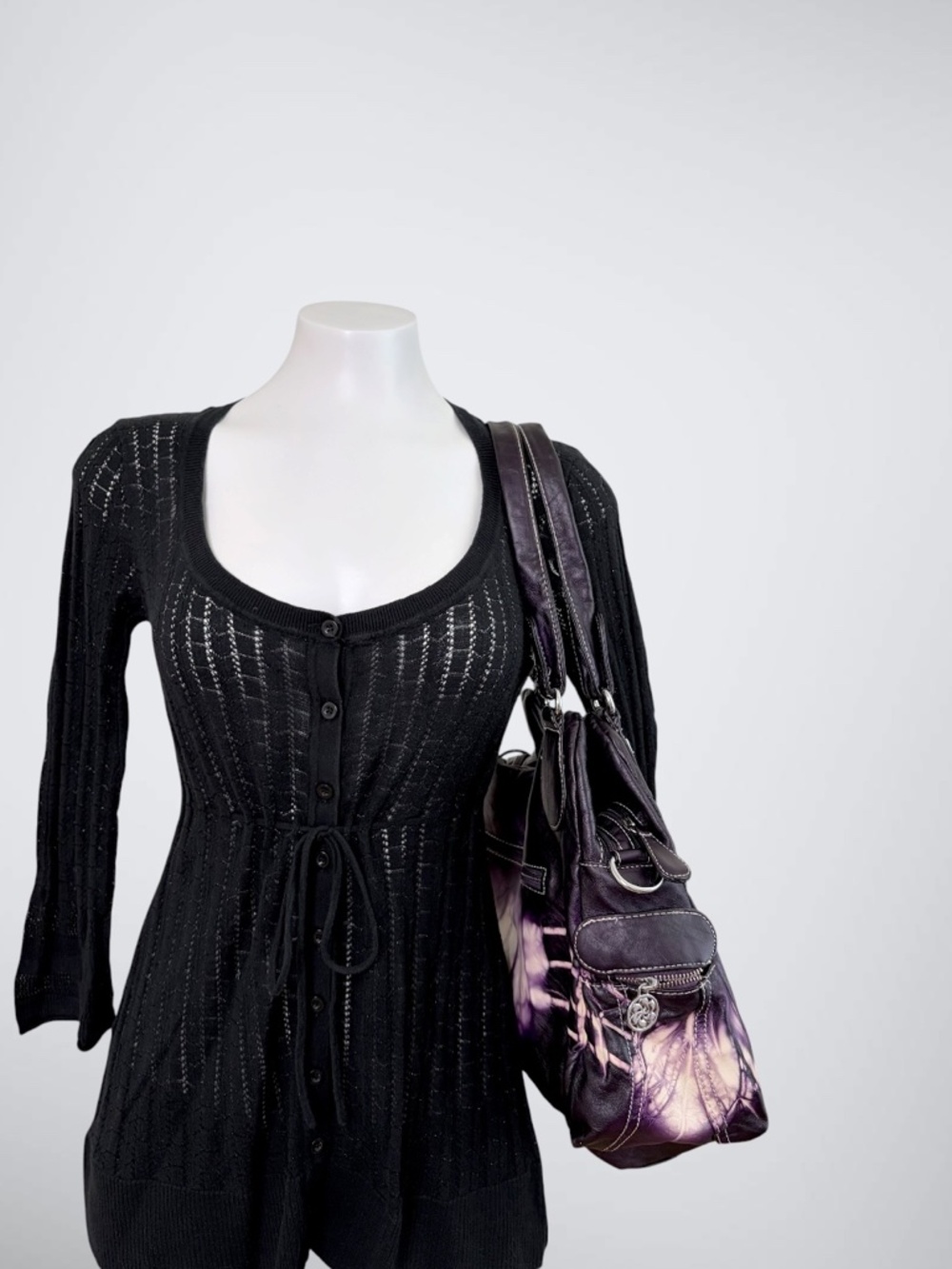 Vtg DKNY JEANS Black Pointelle Knit Babydoll Cardigan Top Y2K - Picture 3 of 7